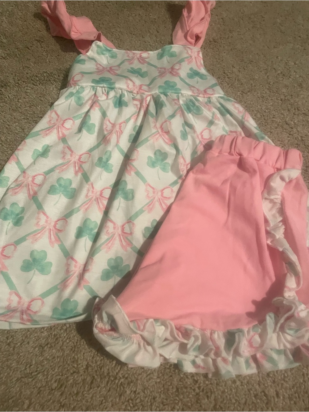 Pink & Mint Bow Clover Sundress with Pink Ruffle Shorts